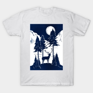 Stag in Moonlit Mountains Linocut T-Shirt